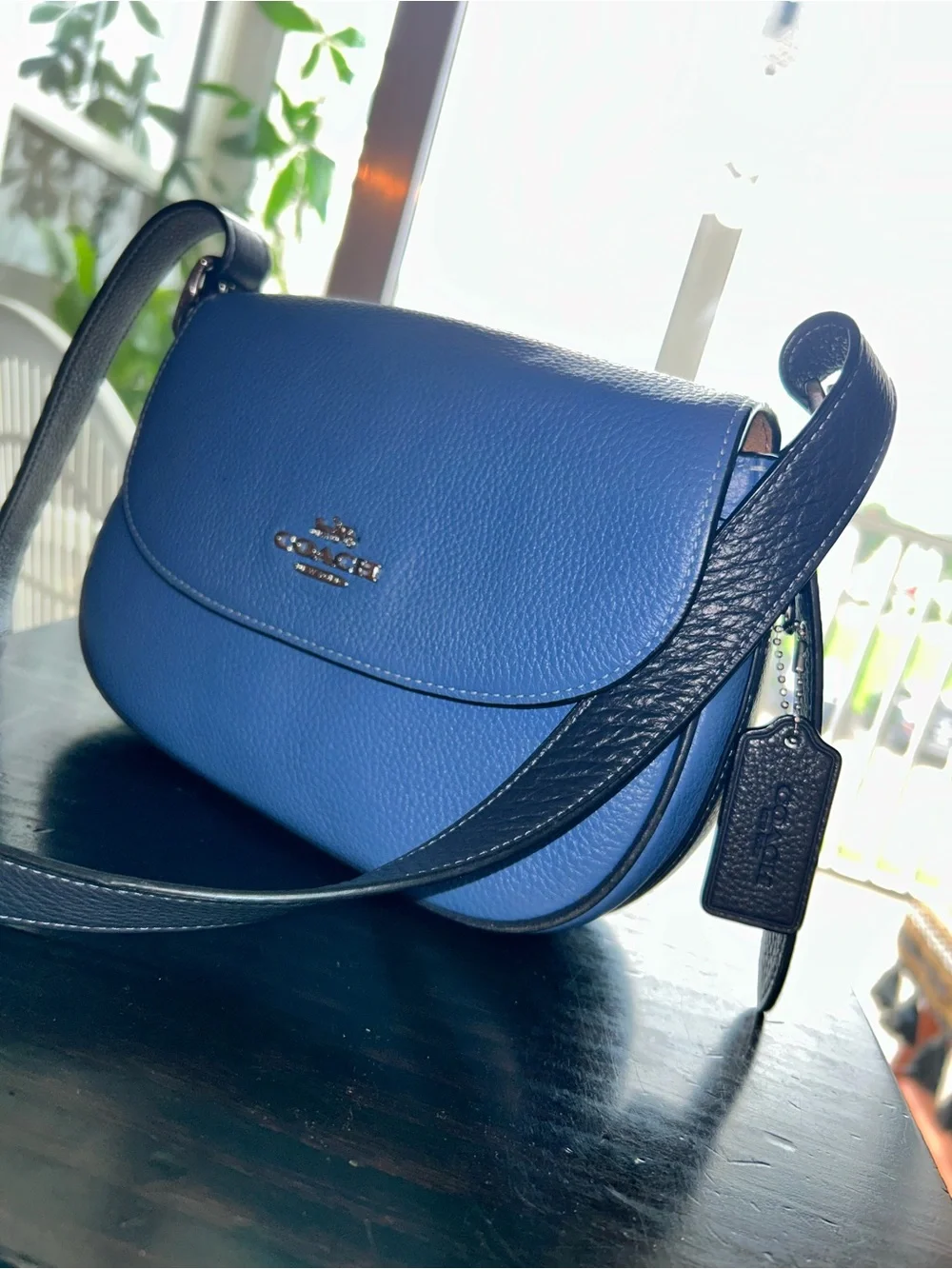 Coach Blue Pebbled Leather Saddle Crossbody with Black Strap